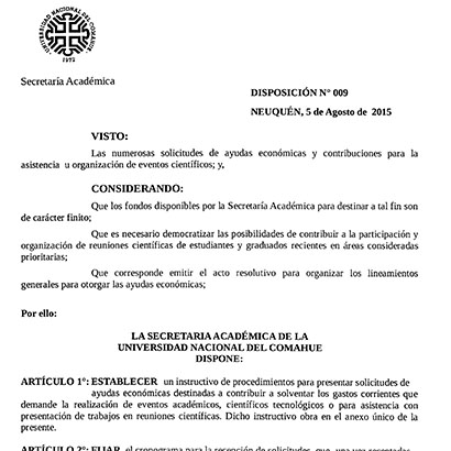 AYUDAS ECONÓMICAS Y CONTRIBUCIONES PARA LA ASISTENCIA U ORGANIZACIÓN DE EVENTOS CIENTÍFICOS DE LA UNCO