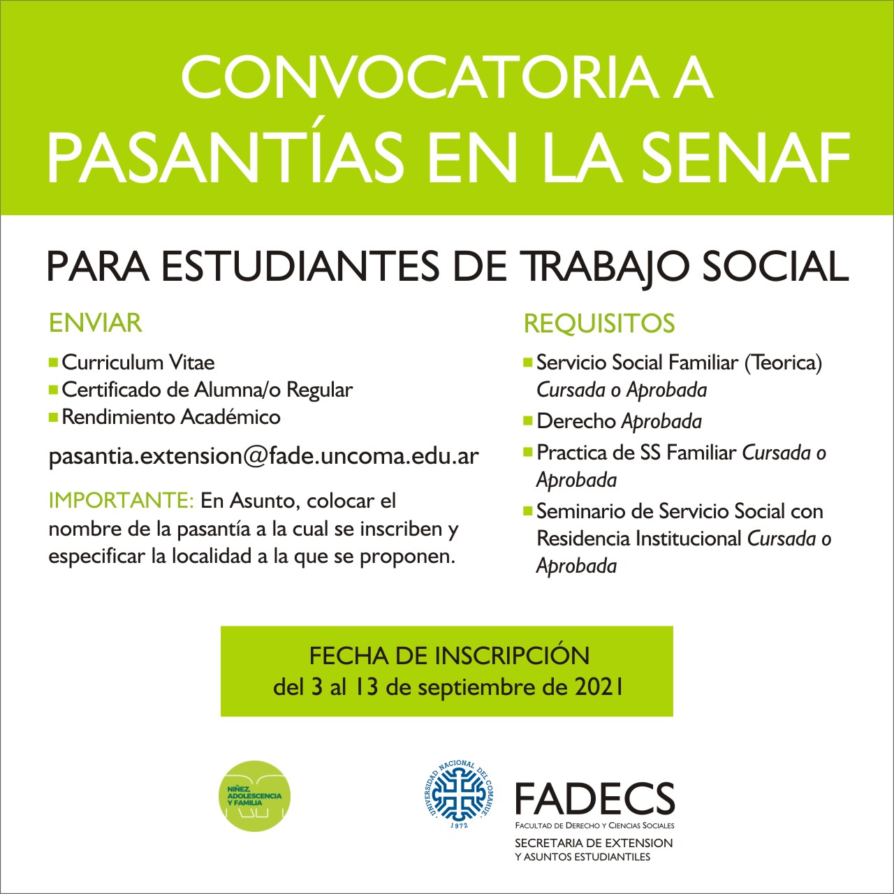 CONVOCATORIA A PASANTÍAS EN LA SENAF 